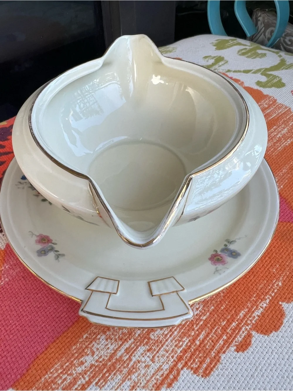 Vintage MECO Czechoslovakia Porcelain Gravy Boat Underplate Floral Gold Trim